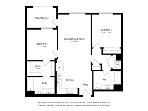 Floor plan for 2 beds, 2 baths, 1044 sqft